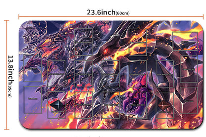 Colorful gaming mouse pad with dimensions and a carrying strap shown.