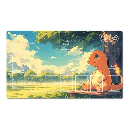 A rectangular Pokémon-themed playmat featuring Charmander sitting by a campfire under a blue sky with clouds, plus printed game area labels such as Stadium, Battle Field, Deck, and Trash.