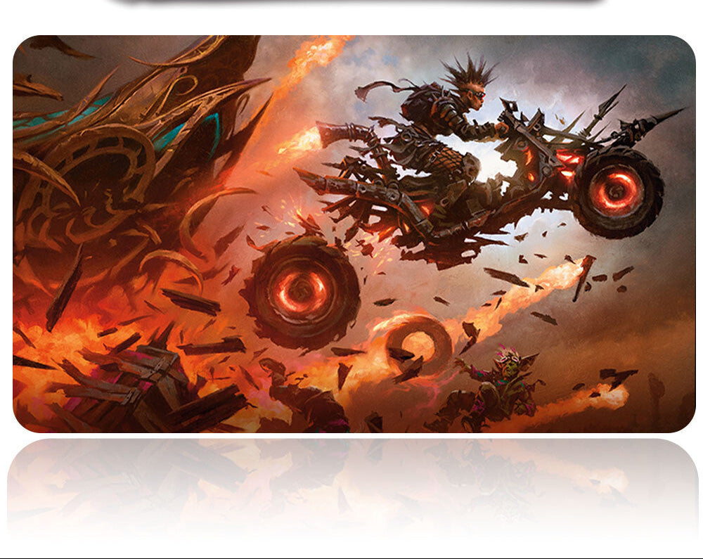 Gaming mouse pad with fantasy design featuring a character on a motorcycle amidst flames and destruction.