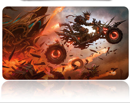 Gaming mouse pad with fantasy design featuring a character on a motorcycle amidst flames and destruction.