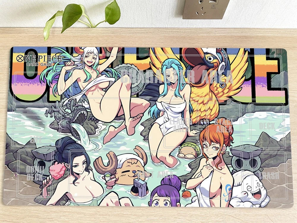 Anime-style character mat with colorful design on a wooden surface