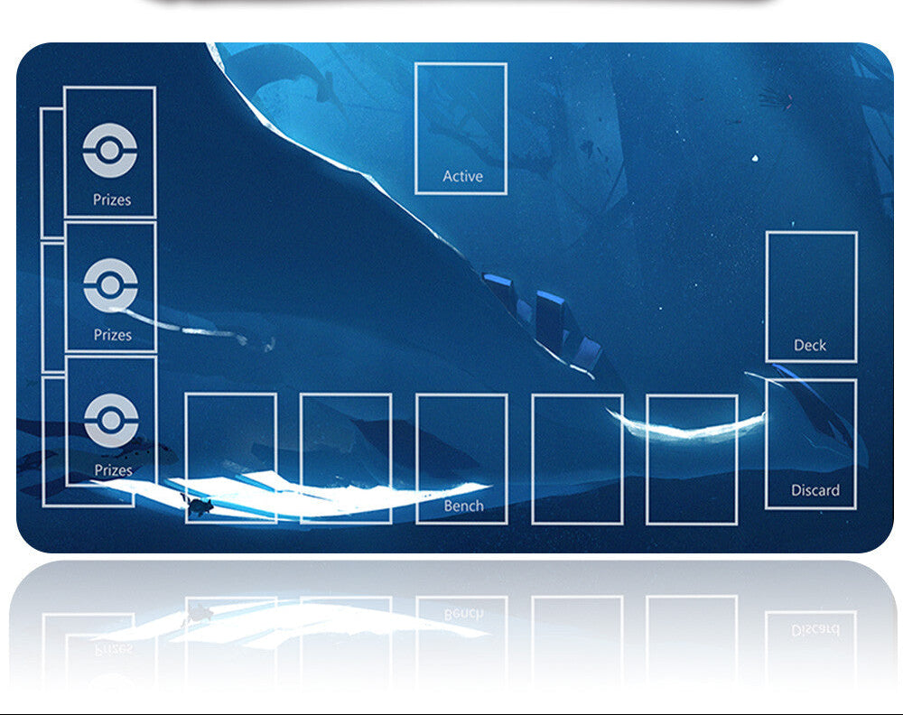 Blue game mat with card slots and a metal tool on a white background