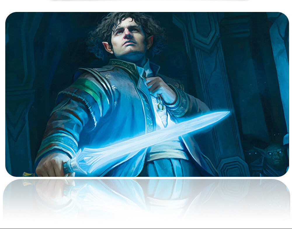 Character holding a glowing sword with a futuristic weapon above on a dark background