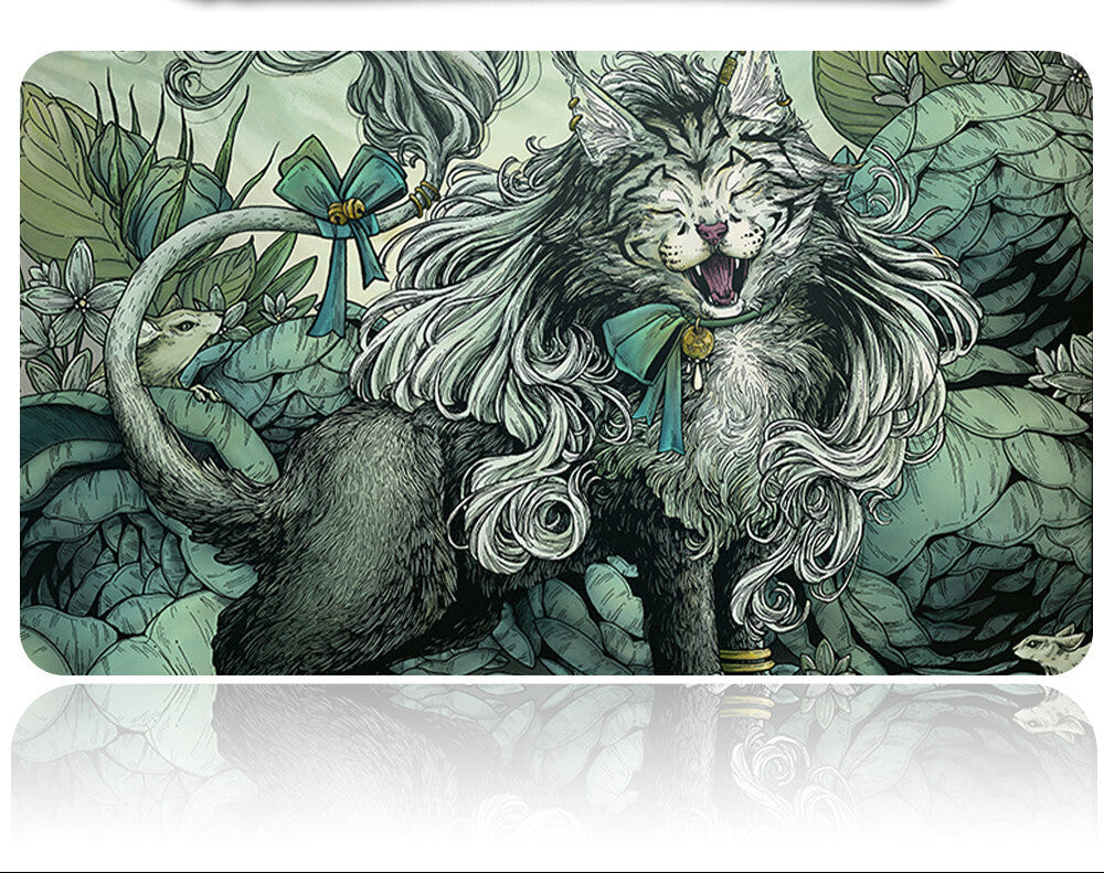 Illustration of a fantasy creature with long hair and a bow, surrounded by green foliage and flowers.