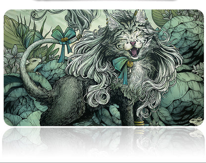 Illustration of a fantasy creature with long hair and a bow, surrounded by green foliage and flowers.