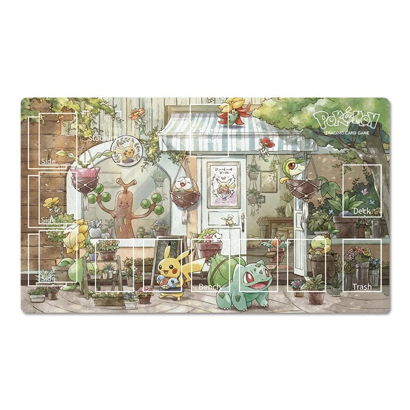 A rectangular Pokémon-themed playmat featuring an illustrated garden storefront scene with Pikachu, Bulbasaur, and other Pokémon characters, plus labeled sections for scoring, deck, trash, and battle placement on a white background.
