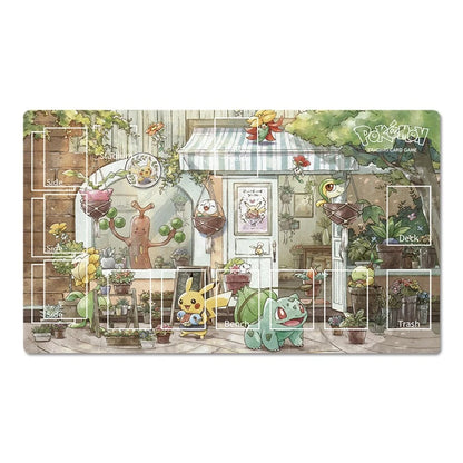 A rectangular Pokémon-themed playmat featuring an illustrated garden storefront scene with Pikachu, Bulbasaur, and other Pokémon characters, plus labeled sections for scoring, deck, trash, and battle placement on a white background.