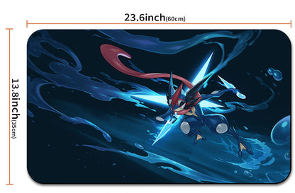 Large mouse pad with a character design and measurements, including a carrying strap.