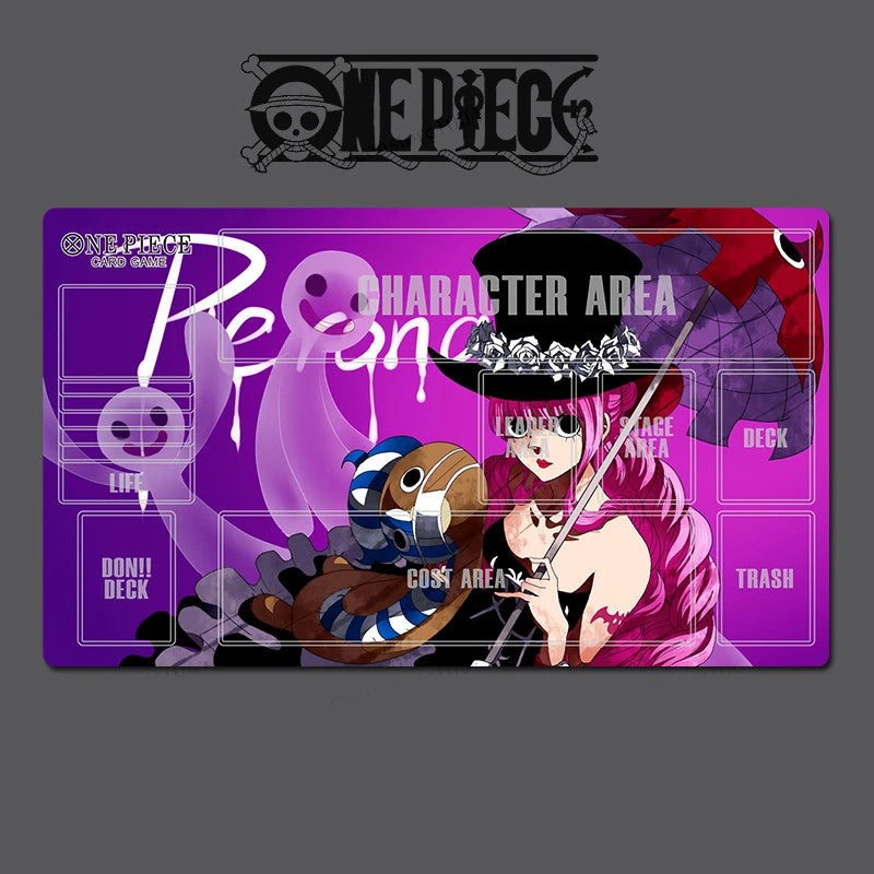 A One Piece character deck mat featuring a purple and pink design with an illustration of Peppa Puff and text labels for character area, deck, lip, cost area, and trash. The One Piece logo is visible above the mat on a dark gray background.