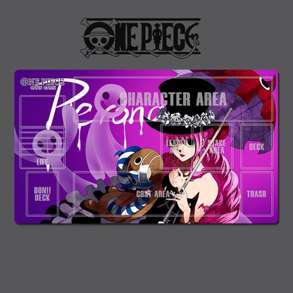 A One Piece character deck mat featuring a purple and pink design with an illustration of Peppa Puff and text labels for character area, deck, lip, cost area, and trash. The One Piece logo is visible above the mat on a dark gray background.