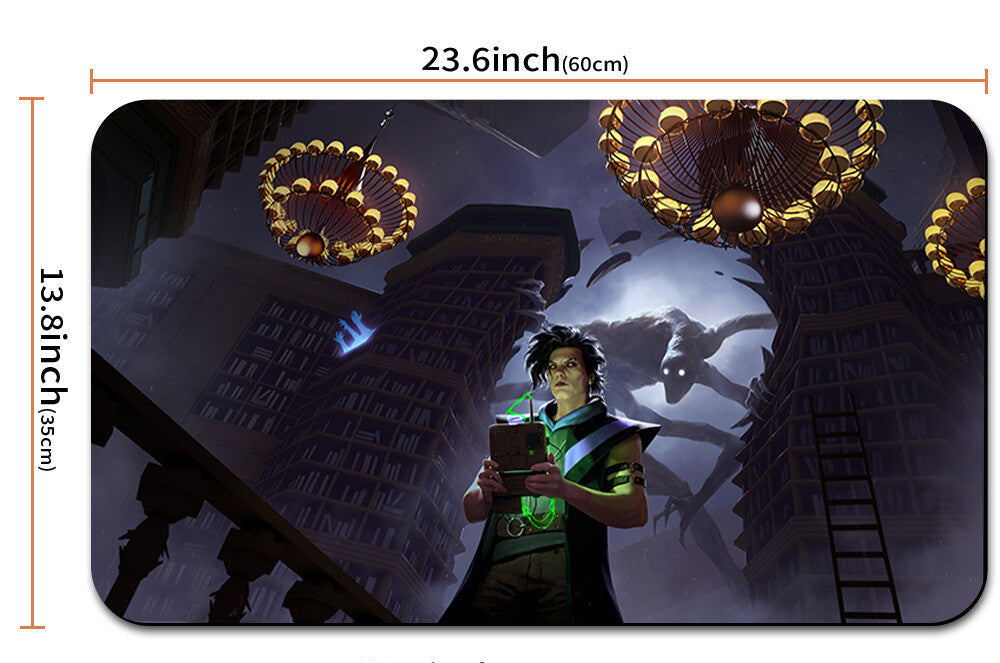 Mouse pad with character design and measurements, including a drawstring bag.