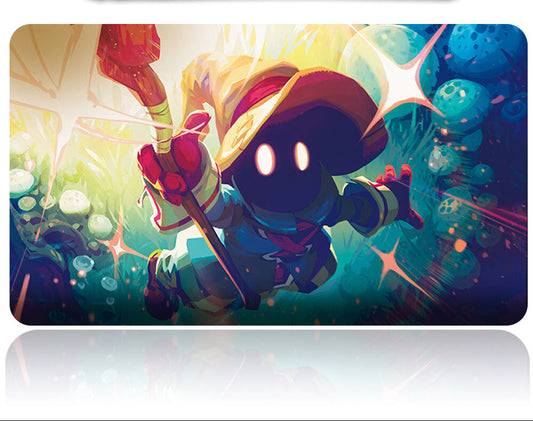 Colorful gaming mouse pad with a character holding a weapon on a white background