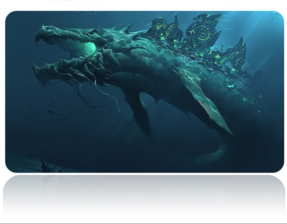 Gaming mouse pad with a fantasy dragon design on a dark blue background