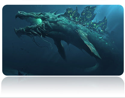 Gaming mouse pad with a fantasy dragon design on a dark blue background