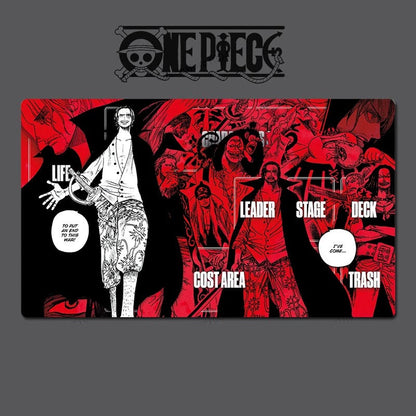 Card game mat with 'One Piece' characters and text on a dark background