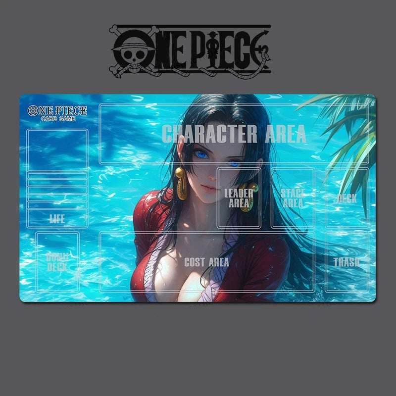 A One Piece themed gaming playmat featuring an anime illustration of a woman in a red bikini standing in blue water, with labeled sections for Life, Leader Area, State Area, Cost Area, Trash, and Global Deck. The playmat is shown on a dark gray background with the One Piece logo above it.