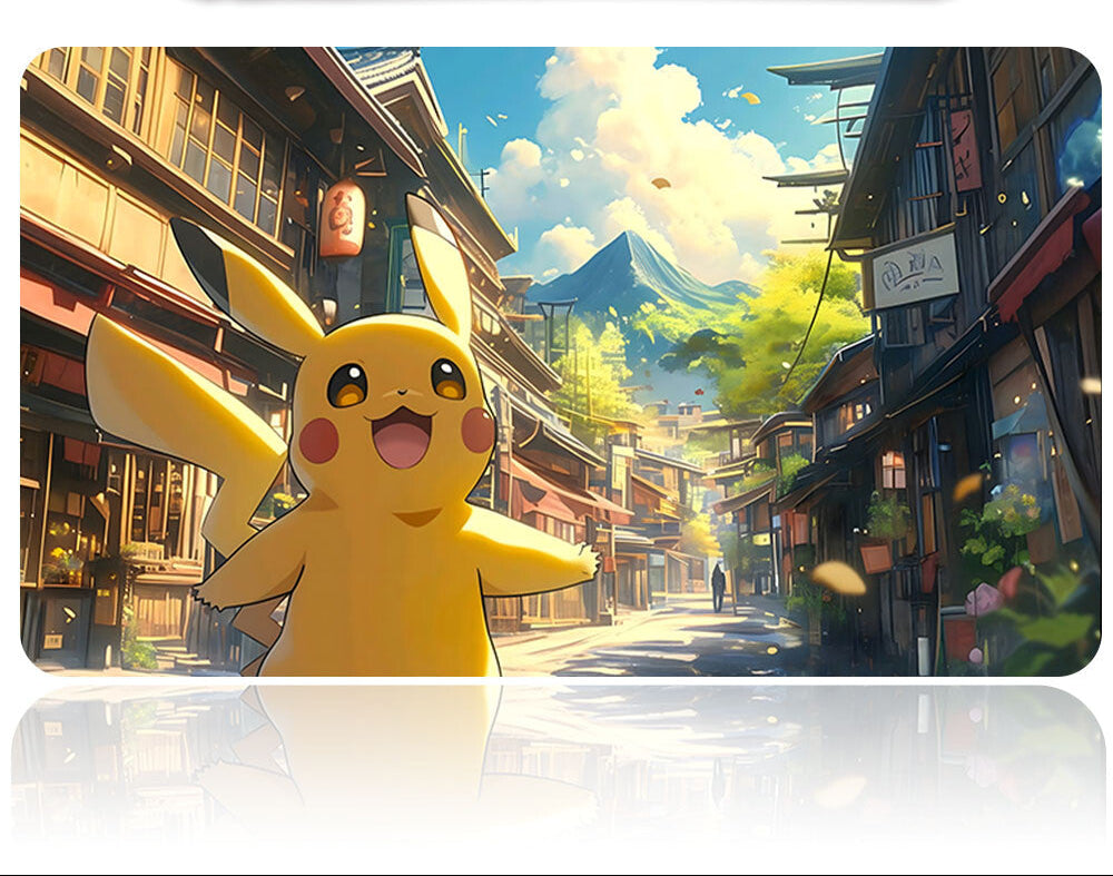 Pikachu in a stylized cityscape with a metal object above