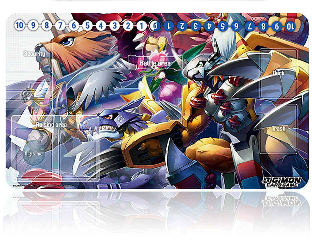 Digimon card game playmat with character designs and game elements on a white background