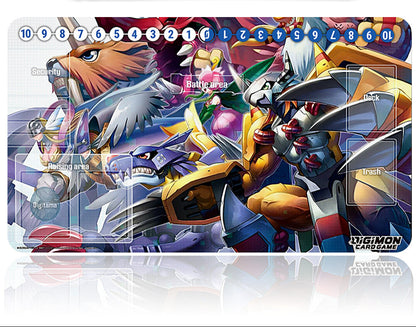 Digimon card game playmat with character designs and game elements on a white background