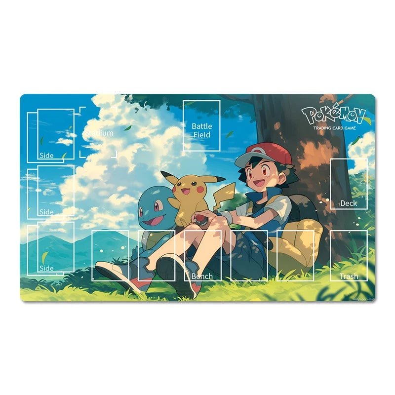 Pokémon Trading Card Game playmat featuring Ash Ketchum, Pikachu, and Bulbasaur in an outdoor forest scene, with printed game area labels including Battle Field, Deck, Side, Bench, and Turn.