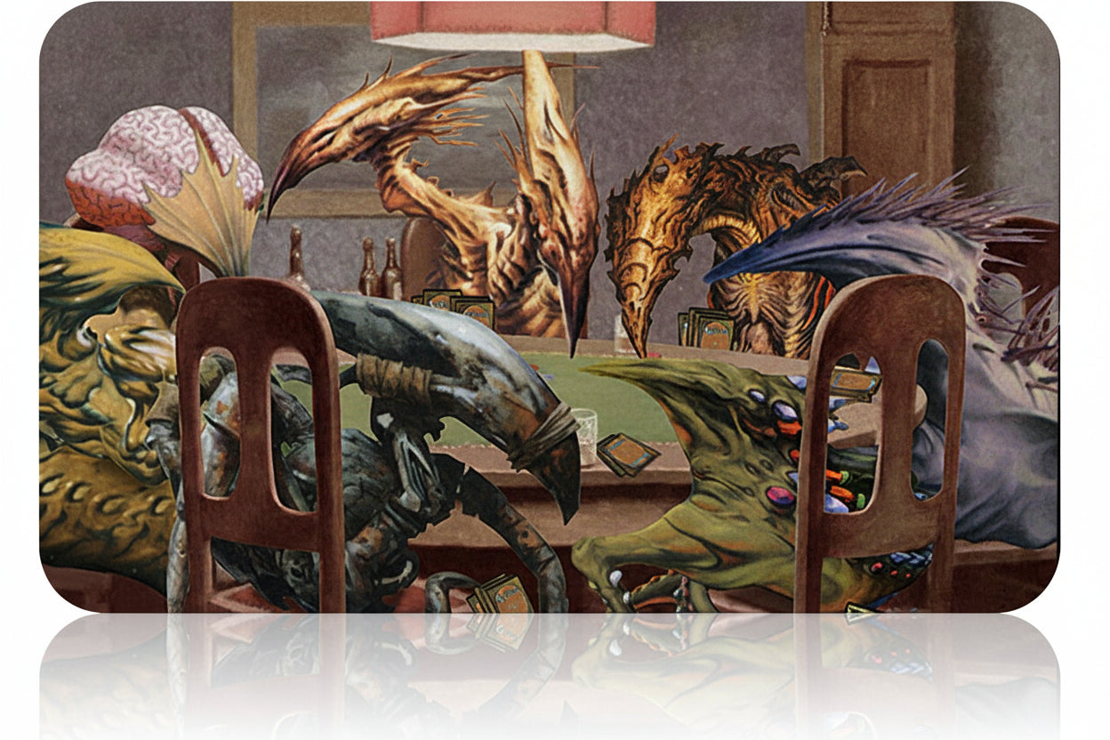 Table mat with fantasy creature design and pen holder on a white background