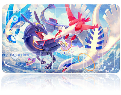 Card game mat with dragon-themed artwork and a pen on a white background