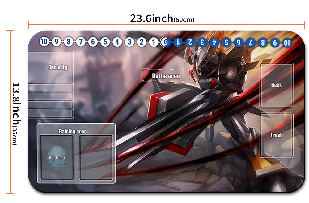 Card game mat with dimensions and a drawstring bag below