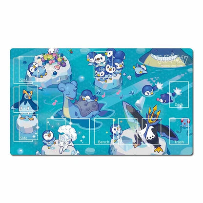 A Pokémon-themed playmat featuring various penguin characters and icy blue background with labeled zones such as Side, Bench, Desk, and Trash.