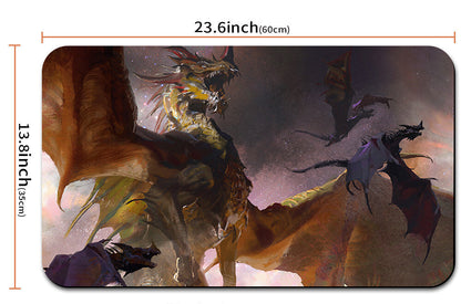 Dragons illustration with dimensions and a drawstring bag on a white background