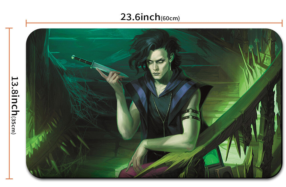 Mouse pad with an illustration of a character holding a knife, dimensions shown, and a carrying strap.