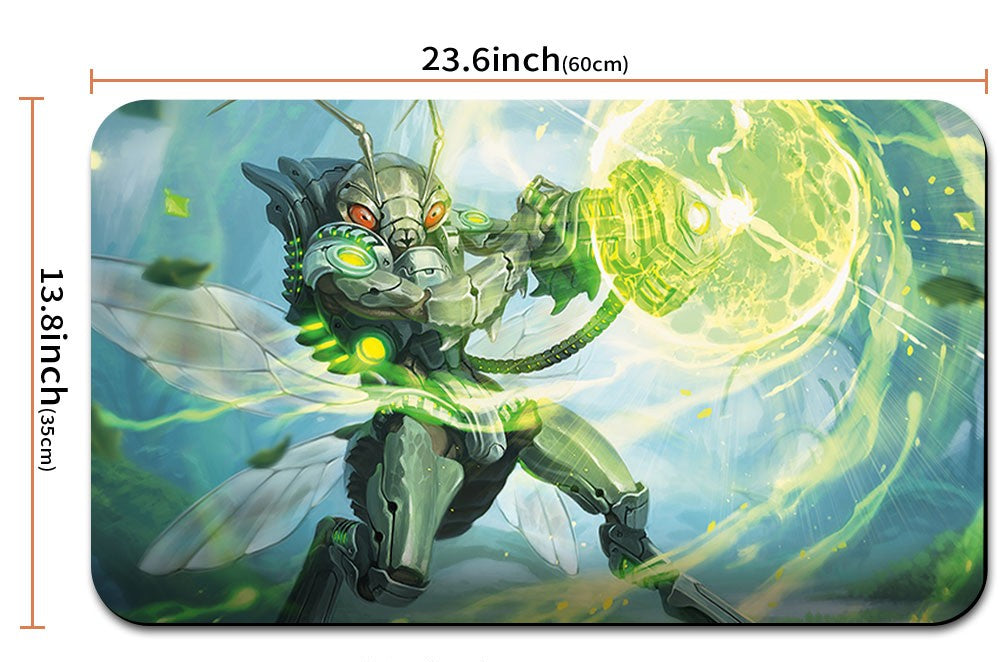 Illustrated character on a mouse pad with dimensions and a carrying strap shown.