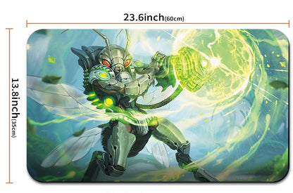 Illustrated character on a mouse pad with dimensions and a carrying strap shown.
