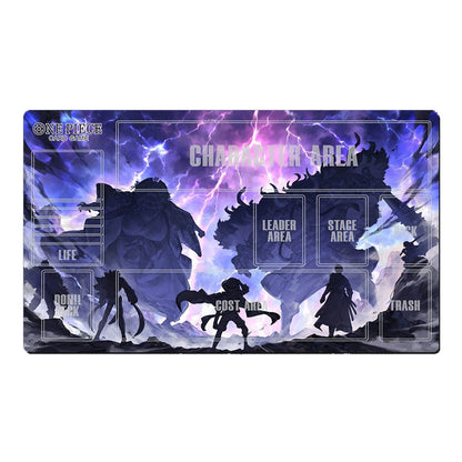 Playmat with character silhouettes and game area labels on a purple and blue gradient background