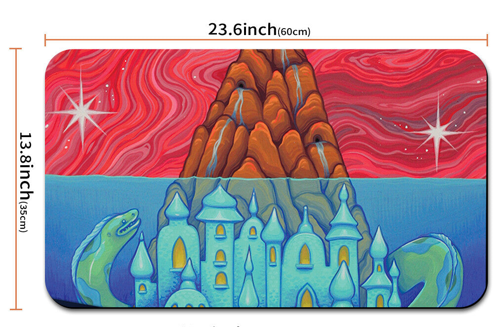 Colorful design with castle and mountain illustration and measurements on a white background