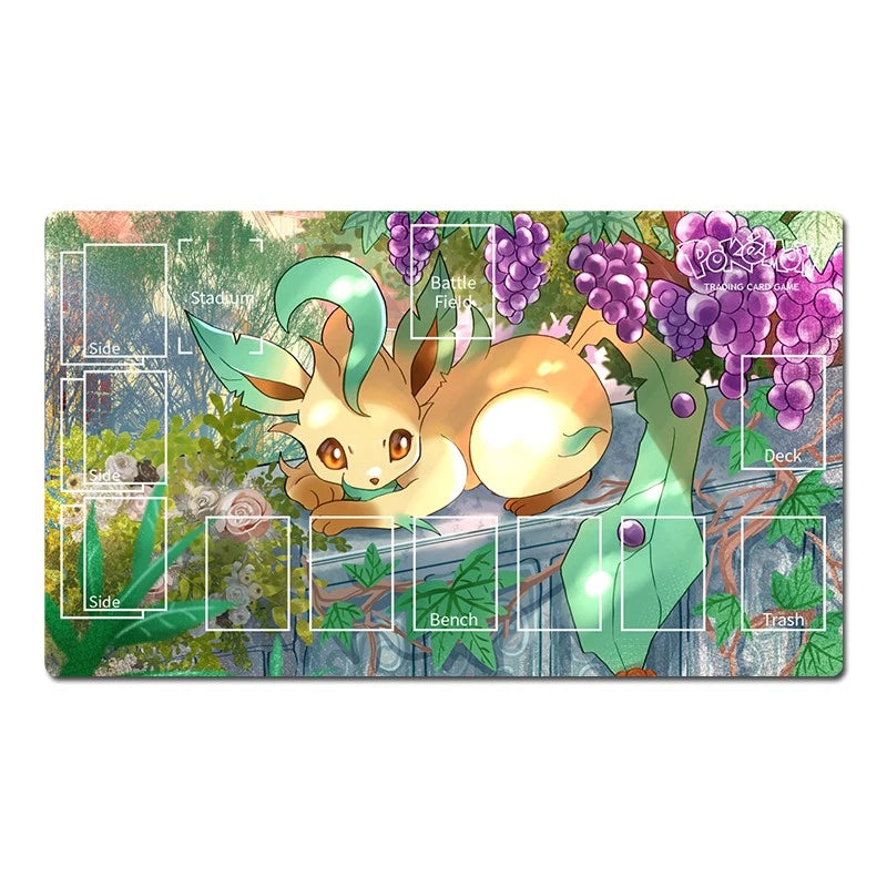 A rectangular gaming playmat featuring an illustration of a cute orange and teal dragon-like creature resting among purple grapes and green foliage. The playmat includes printed game zones and labels such as Side, Battle, Bench, Trash, and Deck, shown on a plain white background.