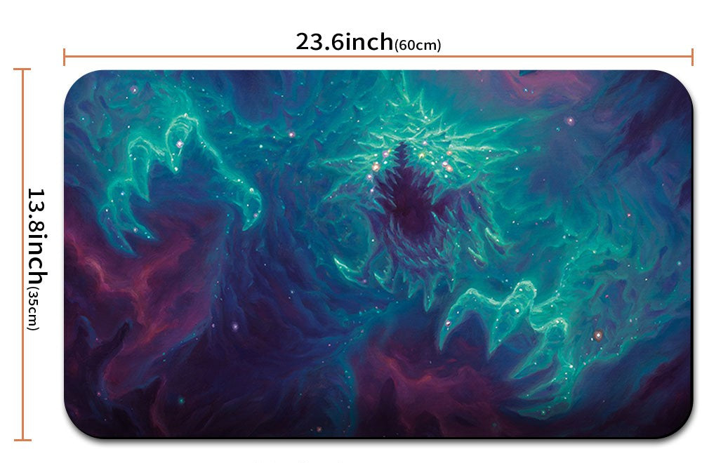 Neon galaxy design mouse pad with dimensions and a carrying bag on a white background