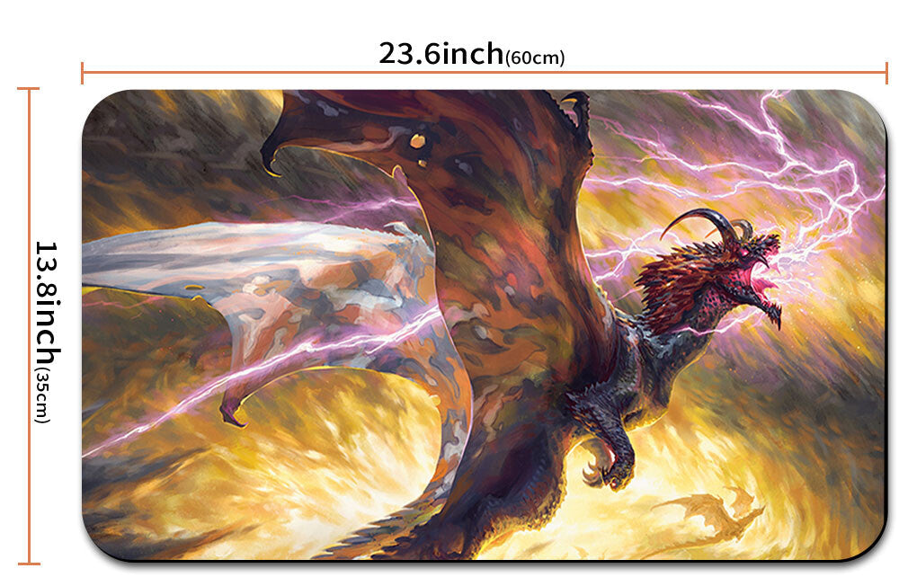 Dragon-themed mouse pad with dimensions and a carrying case shown below.