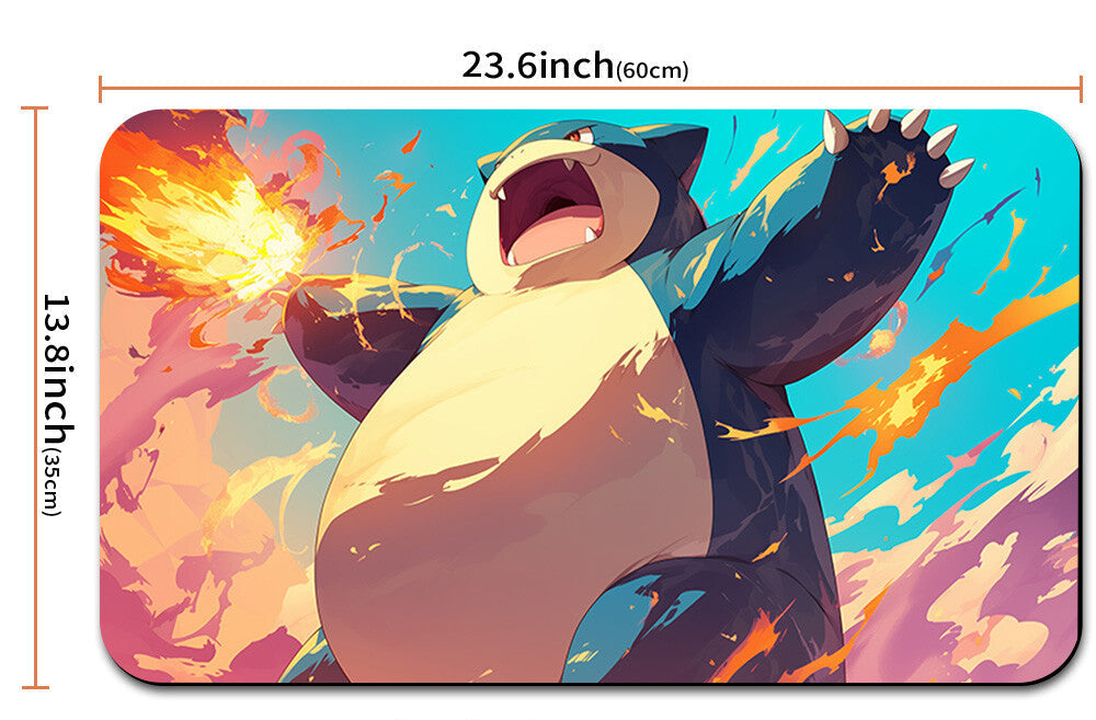 Mouse pad with a cartoon character design and measurements, including a carrying strap.