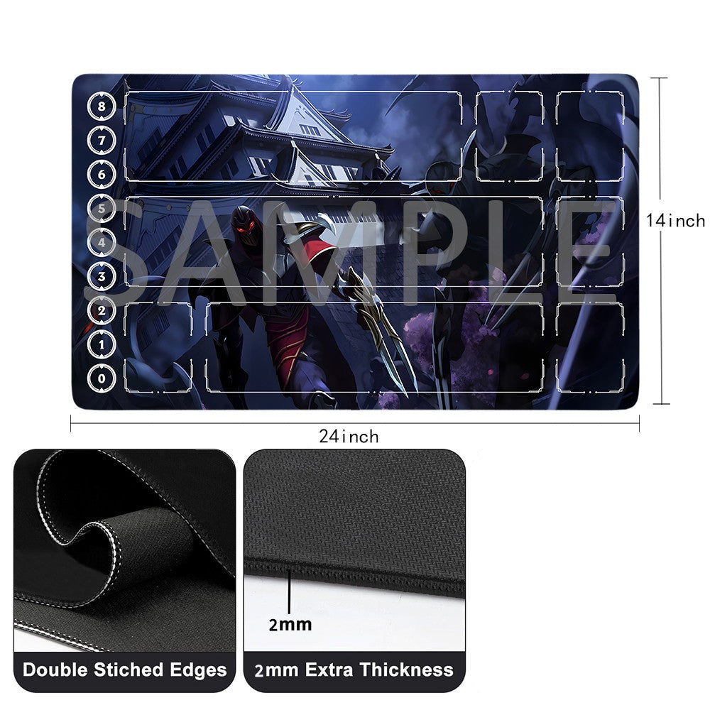 A rectangular gaming playmat with a dark fantasy character illustration, shown with dimension labels of 24 inches by 14 inches. The image includes inset detail panels showing double-stitched edges, 2 mm extra thickness, and a free storage bag, all on a white background with a large SAMPLE watermark across the main mat.