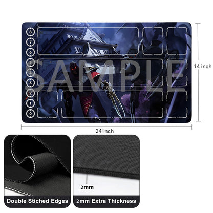 A rectangular gaming playmat with a dark fantasy character illustration, shown with dimension labels of 24 inches by 14 inches. The image includes inset detail panels showing double-stitched edges, 2 mm extra thickness, and a free storage bag, all on a white background with a large SAMPLE watermark across the main mat.