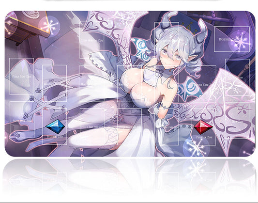 Card game mat with anime-style character and game components on a white background