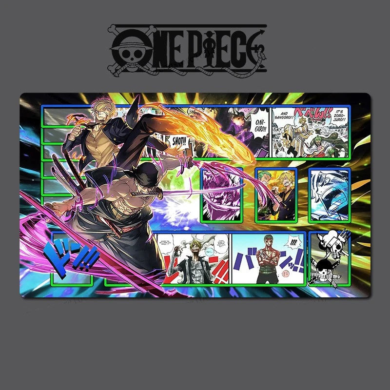 One Piece-themed playmat with character illustrations and action poses on a dark background.