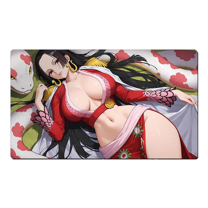 Animated character in a red and pink outfit with black hair and green accents on a white background.