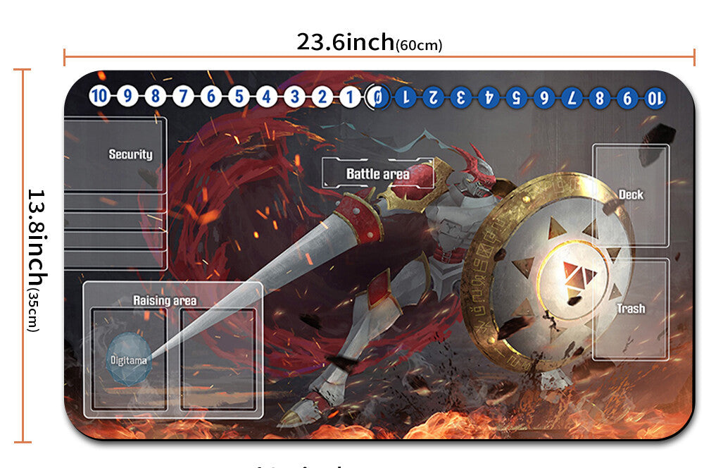 Board game mat with character design, measurements, and carrying strap.