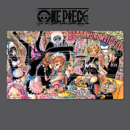 Collage of animated characters from 'One Piece' at a maid cafe with 'Bottakurimaid Cafe' text.