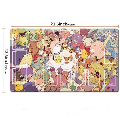 A rectangular desk mat or playmat covered in a dense collage of many cartoon characters, shown on a white background with printed dimensions indicating 23.6 inches by 13.