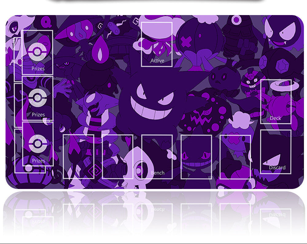 Purple card game mat with character designs and a metal tool on a white background