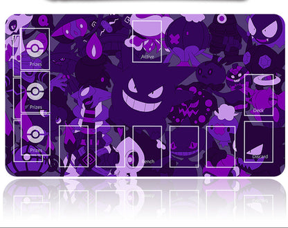 Purple card game mat with character designs and a metal tool on a white background