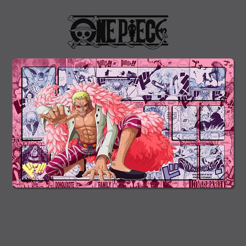 Character from 'One Piece' on a pink and purple background with comic book panels.