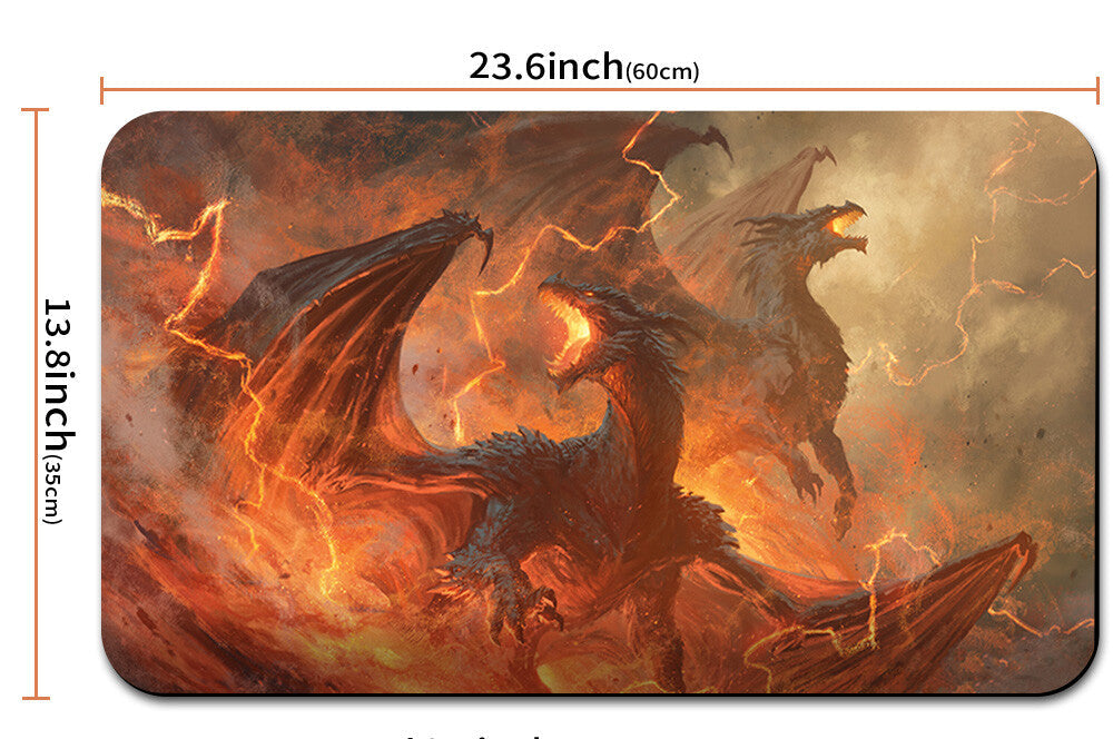 Dragon-themed product with dimensions and a drawstring bag on a white background